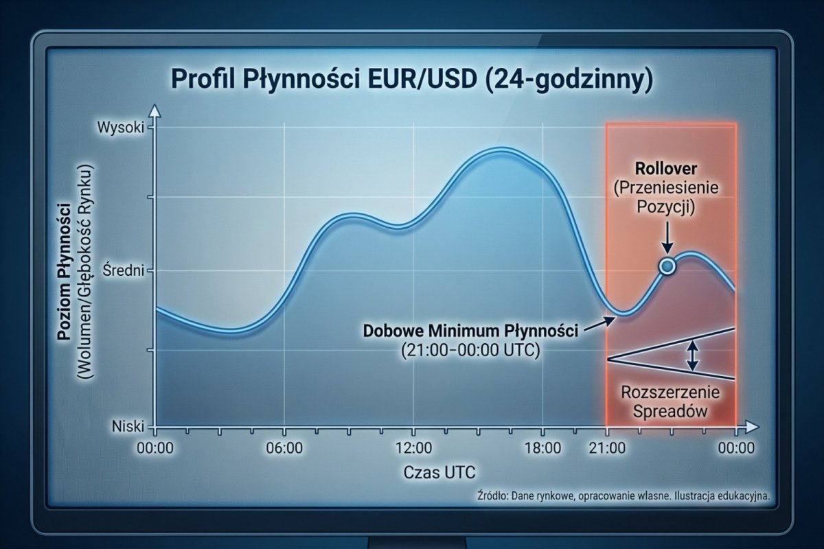 Profil płynności EUR/USD — dobowe minimum w oknie 21:00–00:00 UTC z zaznaczonym rolloverem i rozszerzeniem spreadów